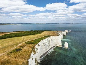 White Cliffs of Old Harry Rocks Jurassic Coast from a drone, Handfast Point, Dorset Coast, Poole,