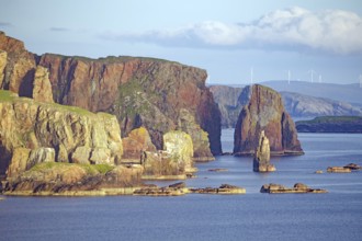 Imposing cliffs tower over the calm sea under a cloudy sky, Eshaness, Shetland Islands, Scotland,