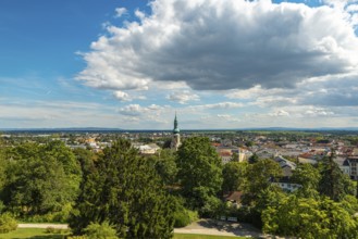 View over Baden with church tower under cloudy sky, Baden, Lower Austria, Austria