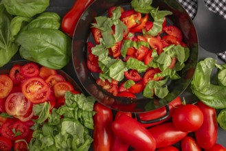 A pan filled with sliced tomatoes and basil leaves, surrounded by fresh vegetables