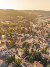 Aerial view of a town with many historic buildings and a church building, small town pearl Nagold,