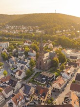 View of a church with surrounding houses and a background of wooded hills in golden light, small