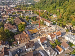Urban construction site with crane next to old and new buildings in the middle of a green