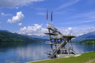 Outdoor pool, diving tower, Millstatt, Lake Millstatt, Carinthia, Austria