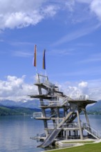 Outdoor pool, diving tower, Millstatt, Lake Millstatt, Carinthia, Austria