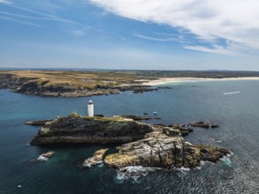 Godrevy Lighthouse from a drone, Godrevy Island, St Ives Bay, Cornwall, England, United Kingdom
