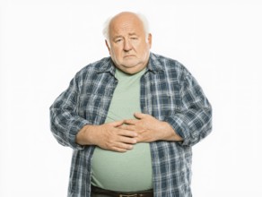 Elderly overweight man looks worried and holds his hands on his stomach, AI generated, AI generated