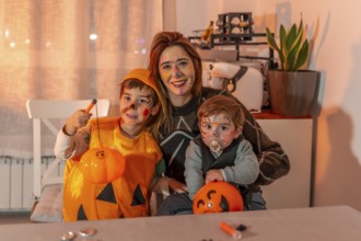 Family celebrating halloween together, wearing costumes and face paint, creating a warm and festive