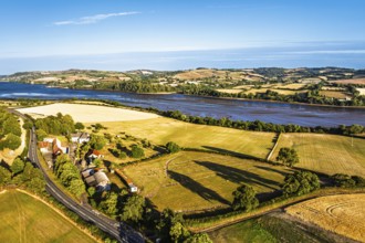 Farms and Fields over River Teign and Teignmouth Road from drone, Newton Abbot, Devon, England,