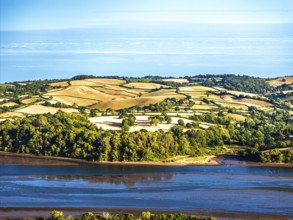 Farms and Fields over River Teign and Shaldon Road from drone, Newton Abbot, Devon, England, United