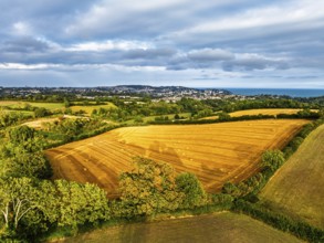 Colors of Fields and Farms over Torquay from drone, Torbay, Devon, England, United Kingdom