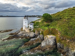 St Anthony Lighthouse from drone, Roseland peninsula, Head circular walk, Cornwall, UK