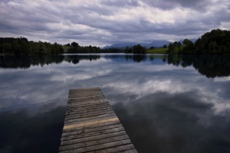 Bathing jetty, jetty, wooden jetty, jetty, leads into a lake, bathing lake, Schwaltenweiher near