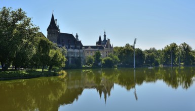 Vajdahunyad castle reflecting beautifully on the lake in budapest's city park, surrounded by lush