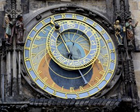 Close up of the historical astronomical clock, featuring intricate details, zodiac signs, and time