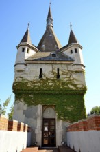 Medieval architecture of vajdahunyad castle in budapest, featuring a tower covered in climbing ivy,