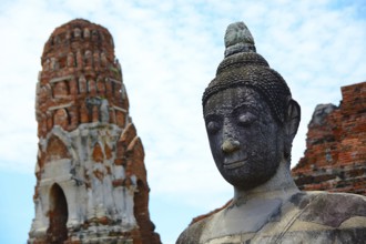 Serene buddha statue stands tall amidst ancient temple ruins, capturing the spiritual essence of