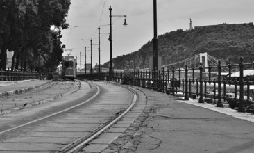 Black and white image of an old tram approaching on tram tracks in budapest, with liberty bridge