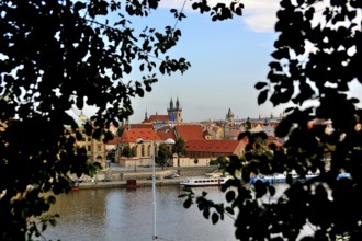 Prague cityscape with vltava river, church of our lady before tyn and tiled roofs framed by leaves