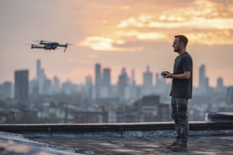 Ein Fernpilot startet sein Quadrocopter, Drohne auf einem Flachdach eines Wohnhauses an einem