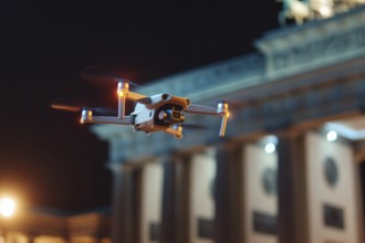 Ein Fernpilot steuert sein Quadrocopter, Drohne illegal über dichtbesiedeltes Stadtgebiet an einem
