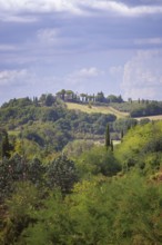 Rolling hills with cypresses under a cloudy summer landscape in Tuscany, San Gimignano, Italy