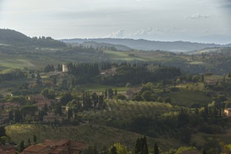 Village and fields in the soft evening light of the Tuscan countryside in San Gimignano, Italy
