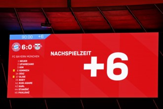 Scoreboard injury time 6 minutes, Score 6:0, Allianz Arena, Munich, Bavaria, Germany