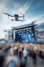 Ein Fernpilot steuert sein Quadrocopter, Drohne illegal über ein Open-Air Musik Konzert mit vielen