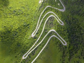 Winding road through green hills and forests, aerial view, road H52 above a tunnel, Dilijan,