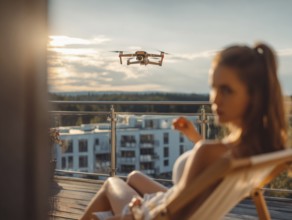 Ein Fernpilot steuert sein Quadrocopter, Drohne in einem dicht besiedeltem Wohngebiet und nähert