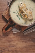 Chikhirtma chicken soup, Georgian dish, with lavash, top view, no people