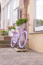 A purple bicycle with a basket full of flowers in front of the windows of an old house, small town