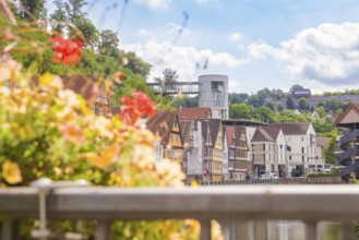 View of a cityscape by the river with colourful historic buildings and flowers, small town of Perle