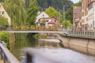 Idyllic scene with flowers on a bridge over a river in a small town surrounded by trees, small town