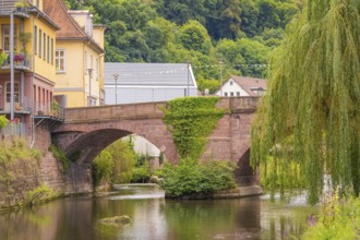 River with stone bridge and buildings surrounded by green nature and pastures, small town of Perle