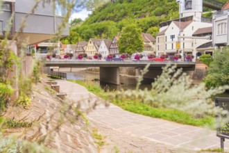 View over a river to a bridge and half-timbered houses, surrounded by green plants, small town