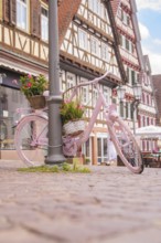A pink bicycle with a basket of flowers in front of half-timbered houses on a cobbled path, small