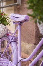 Close-up of pink bicycle with flowers, summer mood and blooming elements, small town pearl Calw,