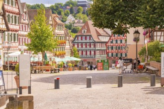 Sunny pedestrian zone with half-timbered houses and inviting café, small town pearl Calw, Black