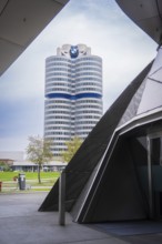 Striking high-rise building in modern architecture, perspective shot through entrance area, BMW