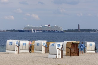 Cruise ship Mein Schiff 7, Laboe Naval Memorial, Kiel Fjord, beach chairs on the beach at Strande,
