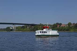 Passenger ferry Adler 1, Holtenauer Hochbrücken, Kiel Canal, Kiel, Schleswig-Holstein, Germany