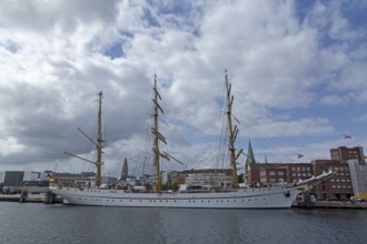 Sailing training ship Gorch Fock moored in the harbour, Kiel, Schleswig-Holstein, Germany