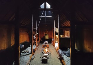 Interior view of Eiríksstadir, Viking-era longhouse, where the discoverer of America Leifur