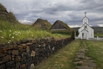 Grass sod house settlement Grenjadarstadur with church, Thingeyjarsveit municipality, North