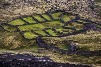 Gamla-Brekkurétt seen from the air next to the volcanic crater Stóra-Grábrók, Iceland