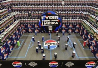 Football stadium built from beverage cans for the European Women's Championship in the supermarket,