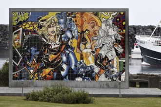 Tile mural by Erró, actually Gumundur Gumundsson in Ólafsvík, where he was born, in front of the
