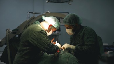 Several doctors performing a complex surgical operation inside an operating room for a displaced
